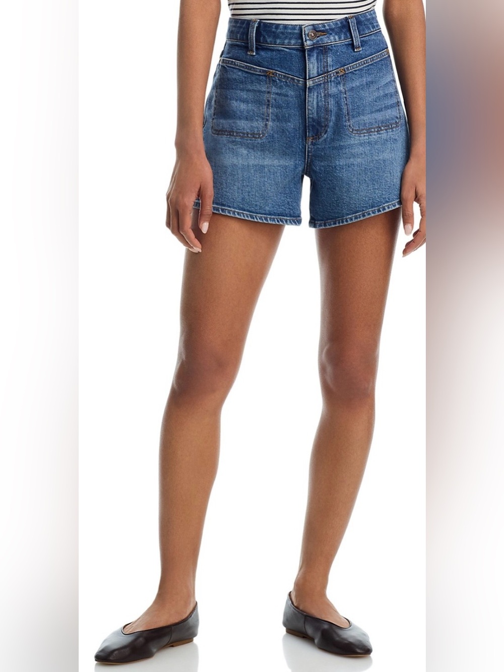 PAIGE Dani Front Yoke Shorts in Sete Blue Denim
